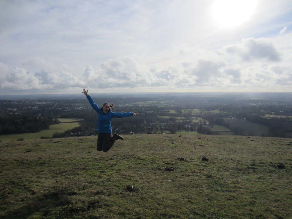 Jumping and happy to see blue sky