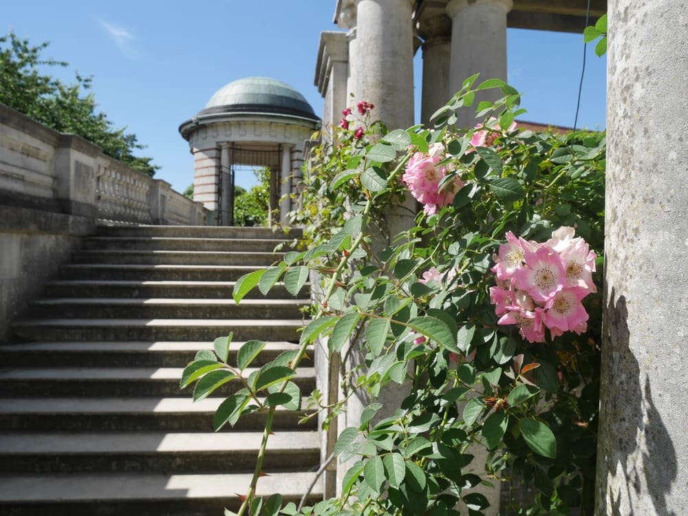 Near the top of the pergola walkway