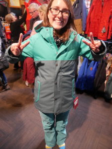 Trying on a ski coat and ski-pants