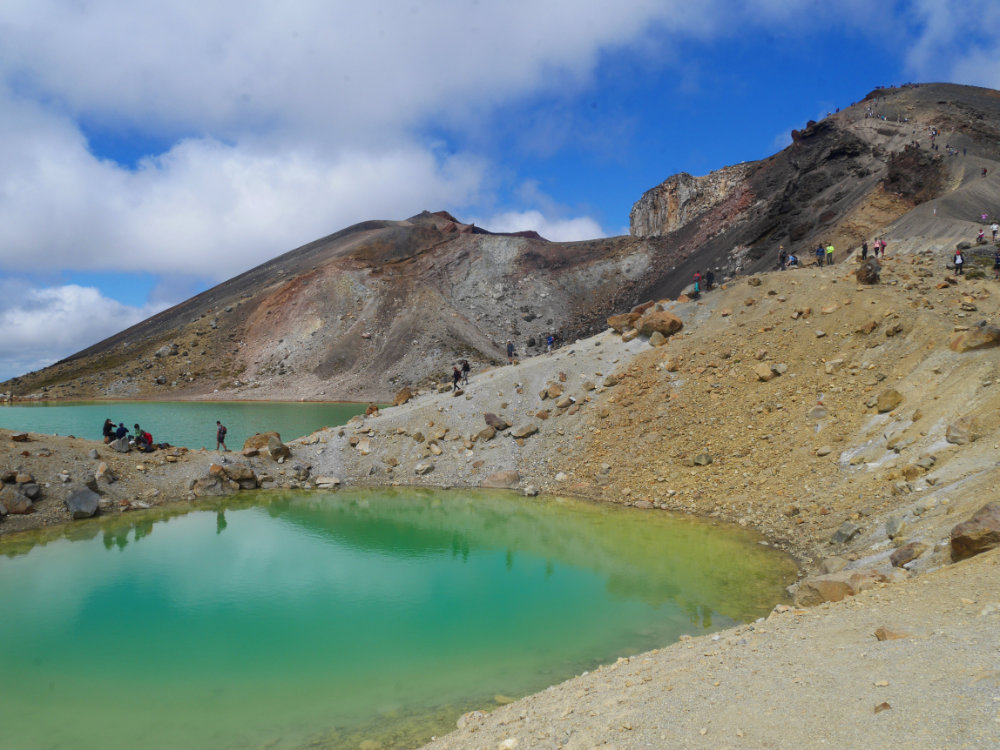 Emerald lakes with the red crater