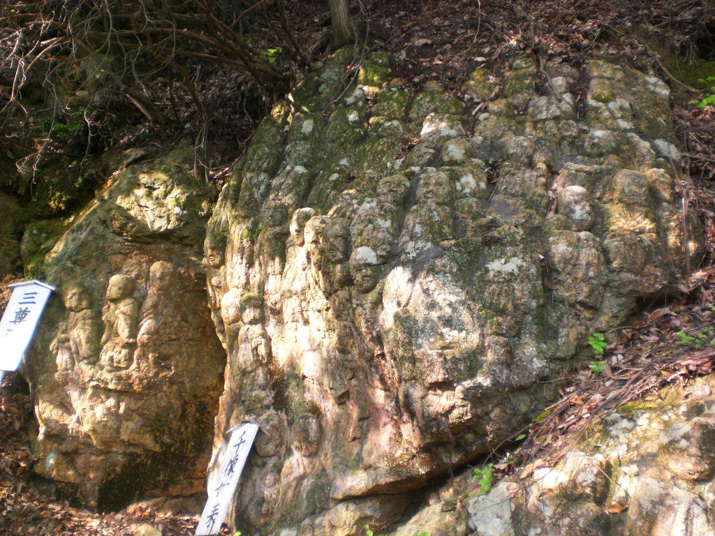 Ancient stone statues carved into the hillside