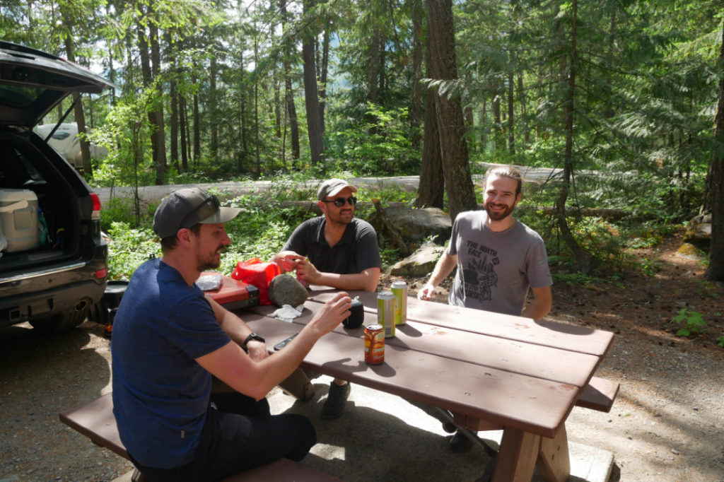 Chilling at our Nairn Falls campground benches