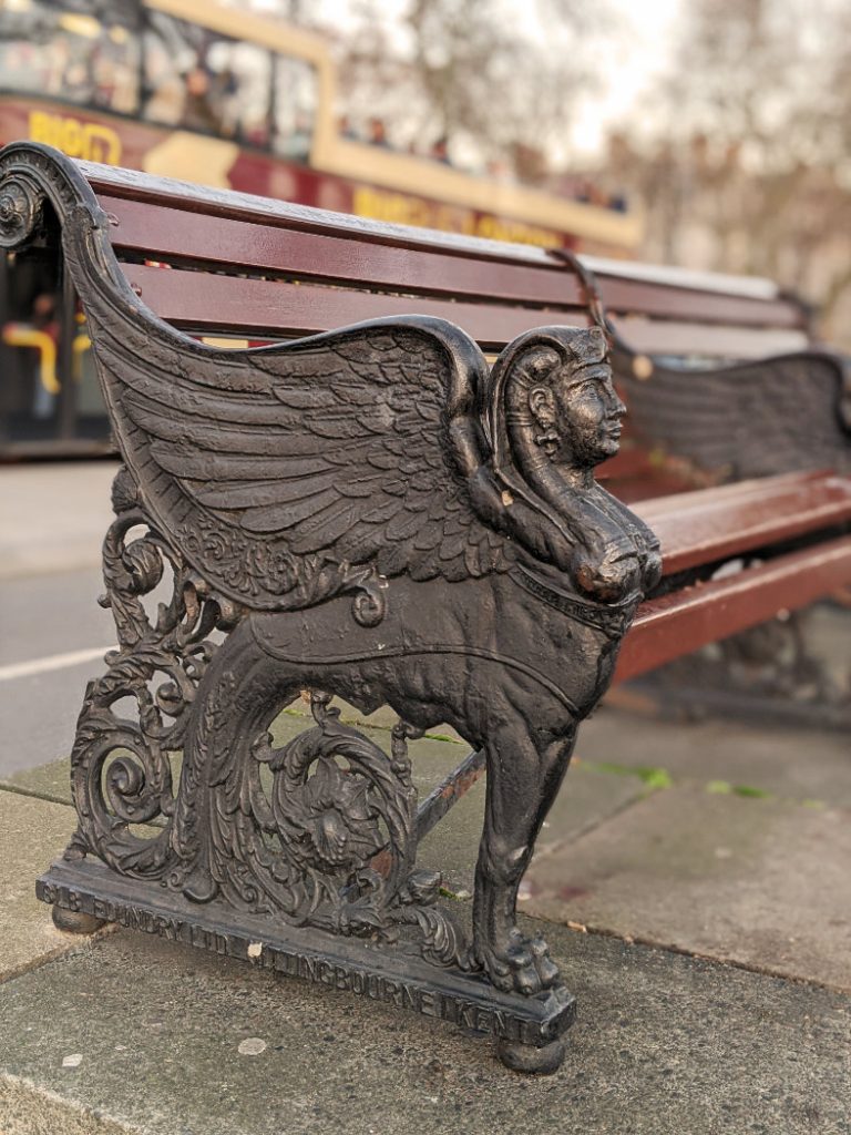Sphinx on a bench - on the North Bank of the Thames Path