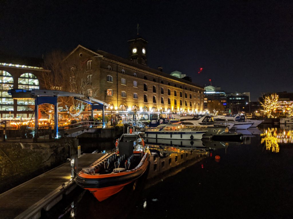 St Katherine's Docks at night - lights and boats