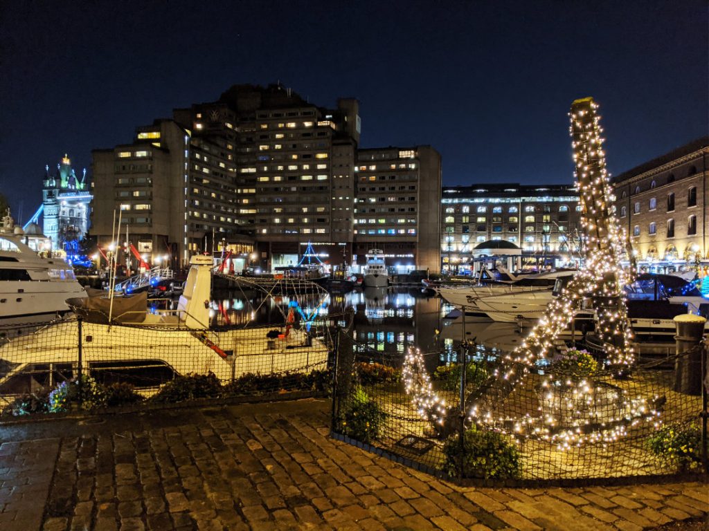 St Katherine's Docks at night the anchor and the Tower bridge in the background