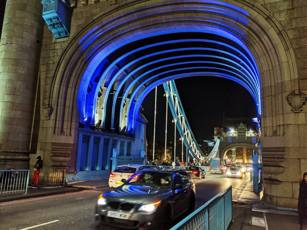 Tower bridge lit up at night