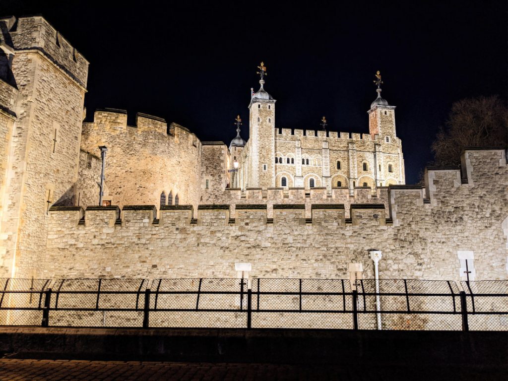 Tower of London walls at night