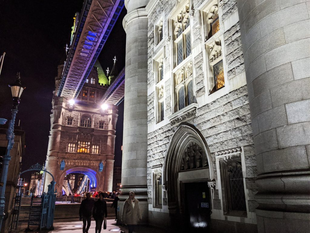 Under Tower Bridge at night