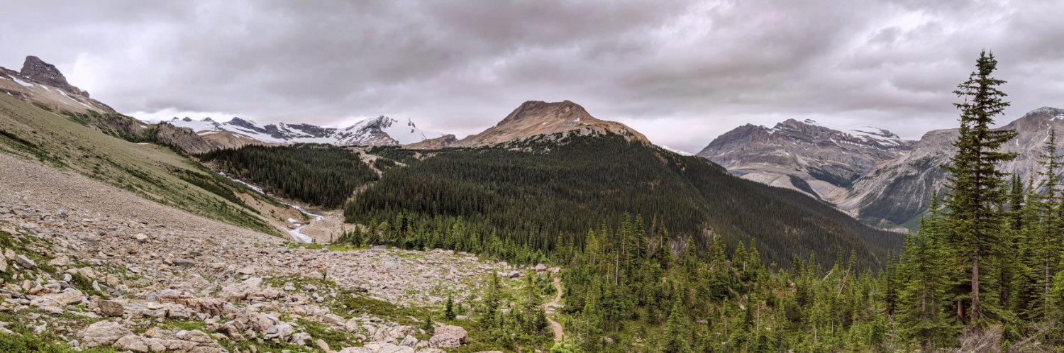 Looking down to Twin Falls Creek from the Whaleback Trail. There are huge mountains and a large bolder field.