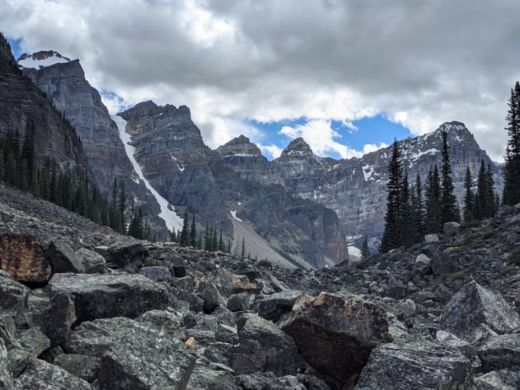 Valley of the Ten Peaks from the trail behind the rock pile