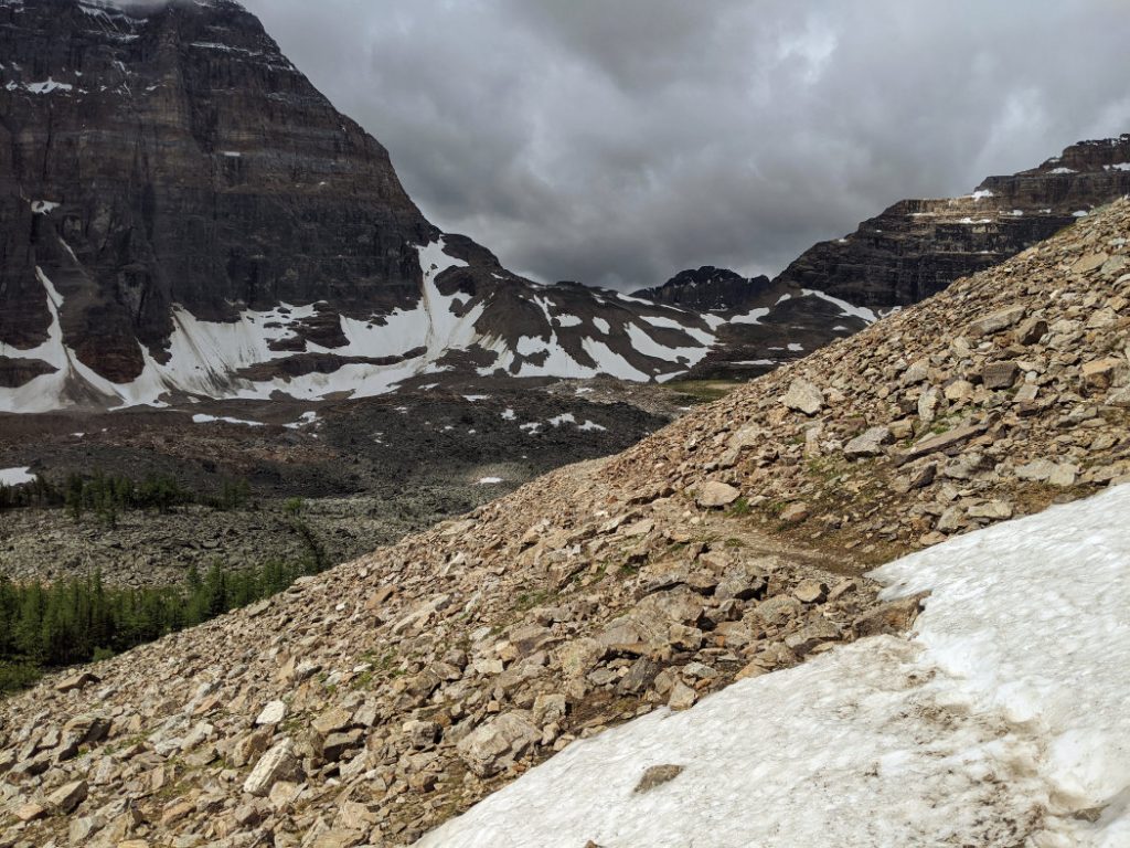 Rocky snowy section in the Valley of the Ten Peaks -Neptuak Mountain and Wenkchemna Pass