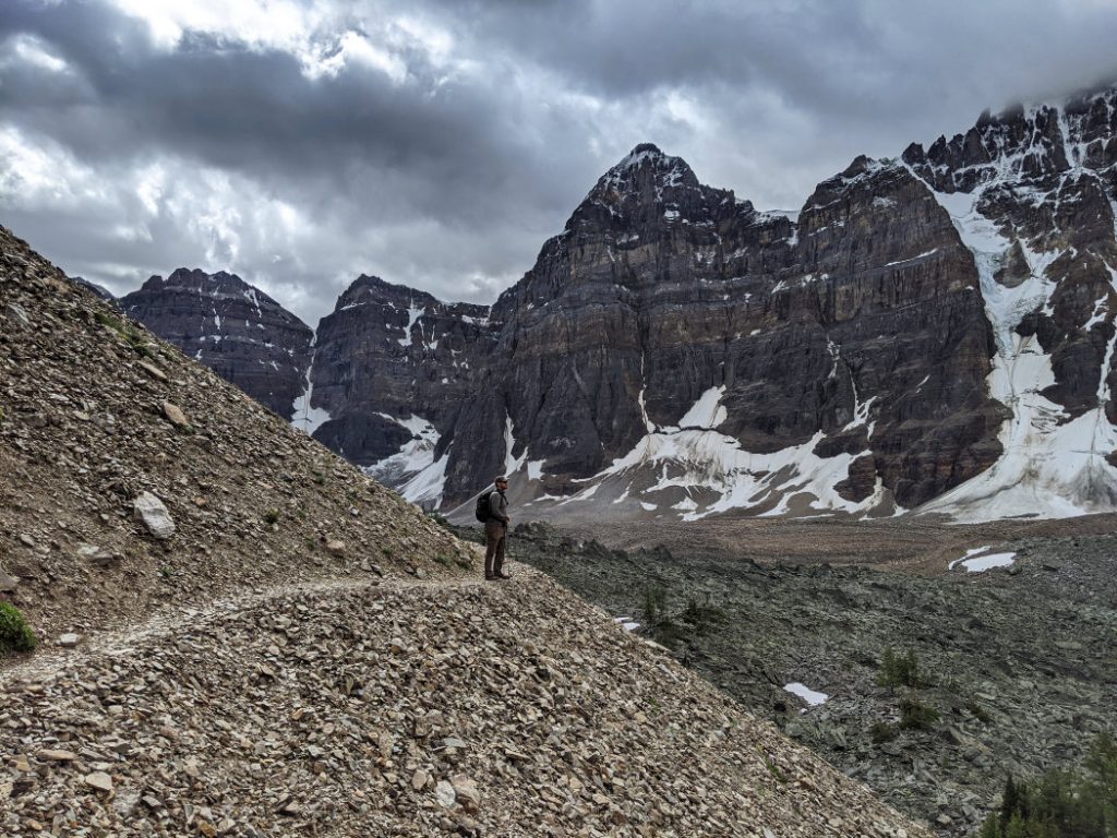 Rocky snowy section in the Valley of the Ten Peaks - looking back - Tonsa Peak, Mount Perren, (Mount Allen is hiding) Mount Tuzo and Deltaform Mountain