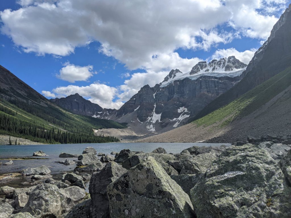 Consolation Lakes - lower lake with Bident Mountain and Quandra Mountain i