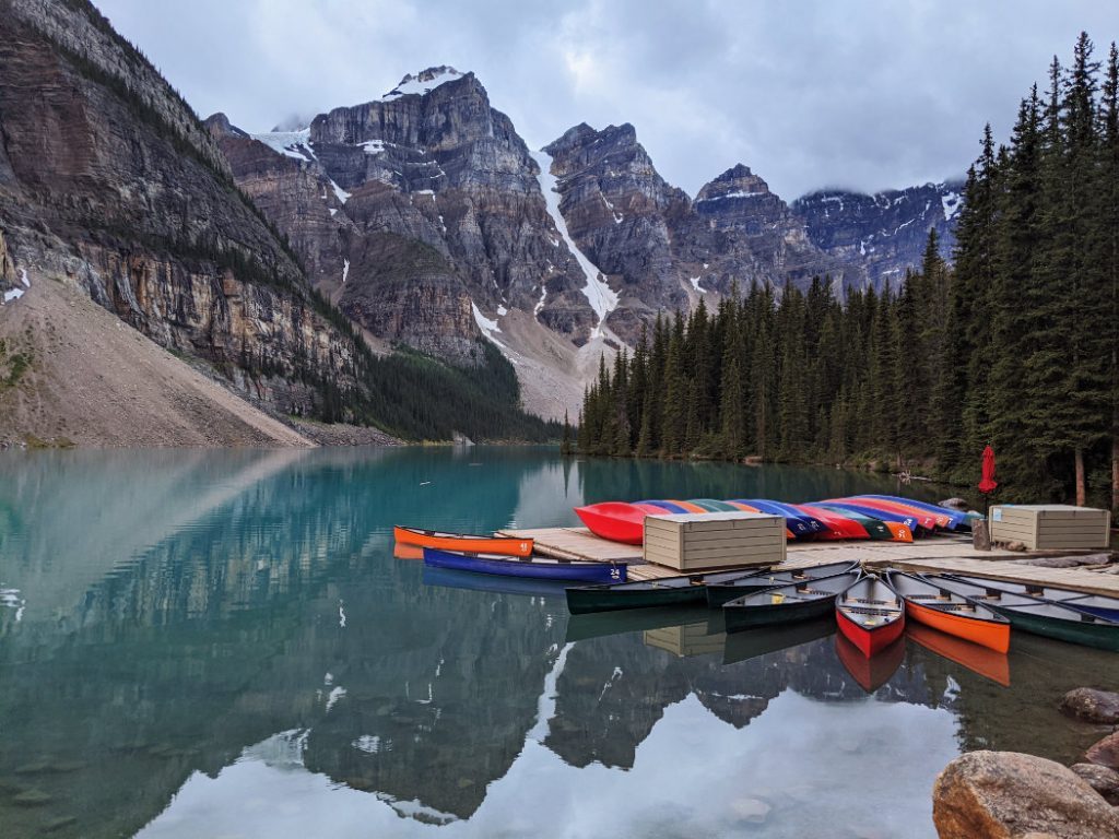 Moraine Lake at sunrise by the boats