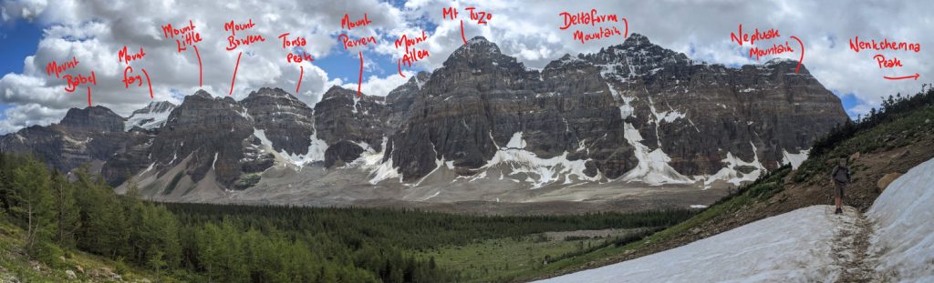 Panorama of Valley of the Ten Peaks labelled