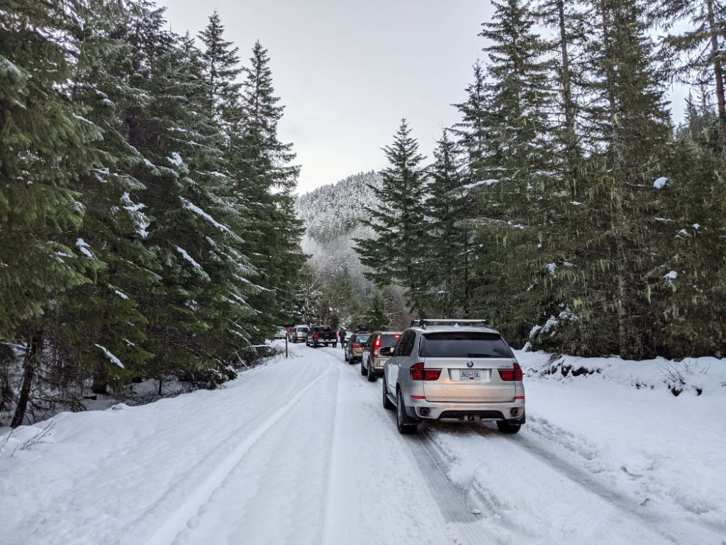 Traffic (a car drove into the snowbank)