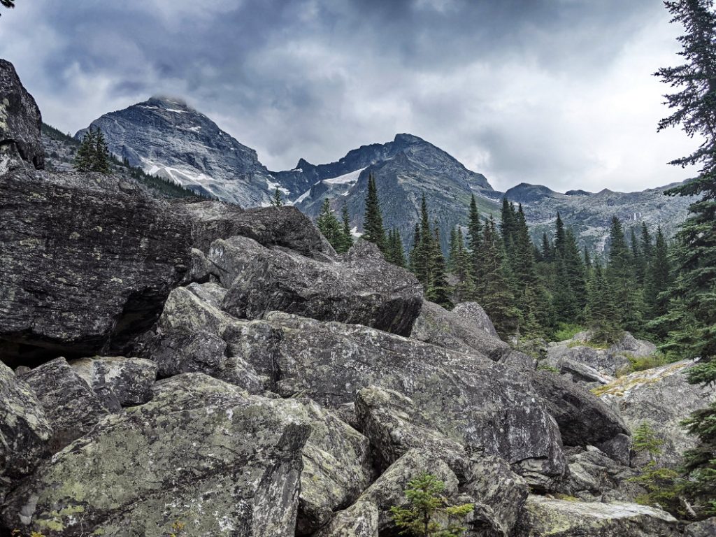 Giant boulders and first views of Mount Sir Donald (left) and Terminal Peak (right)
