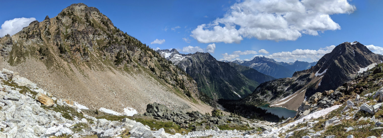 Looking back to Jade Lake and Mount Williamson from halfway up the mini peak above Jade Pass.