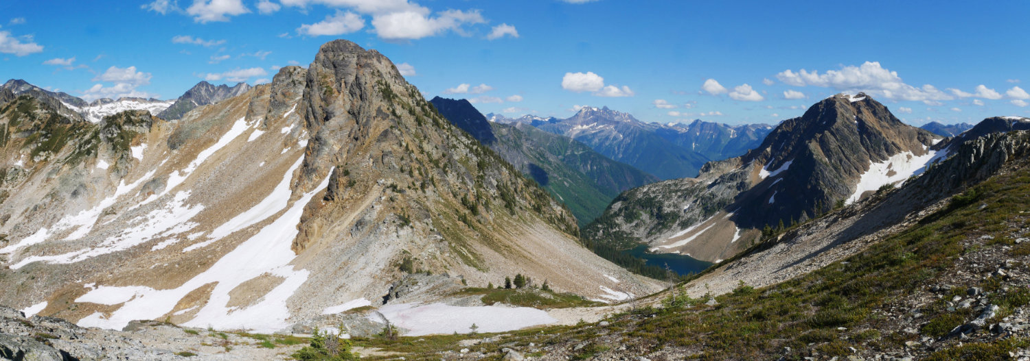This is the same as the panorama above, further along the ridge. Jade Lake is below and Mount Williamson is on the left.