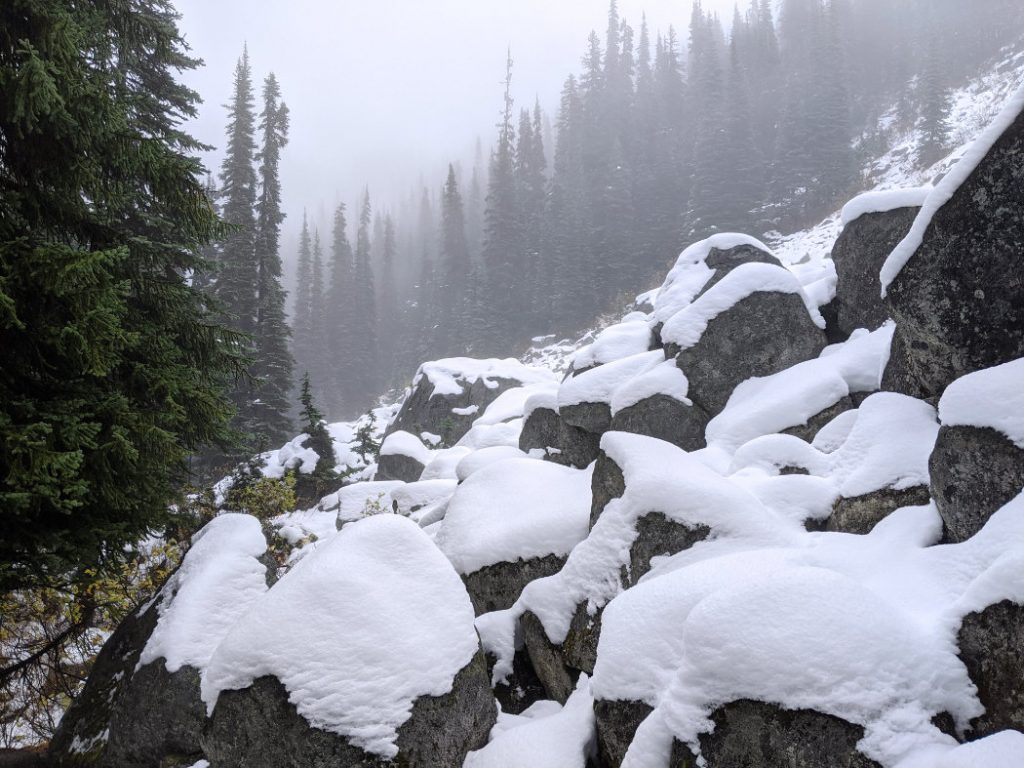 Boulders covered in snow