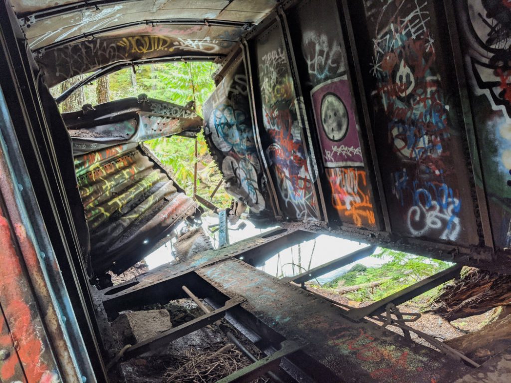 Train car hanging over the Cheakamus River
