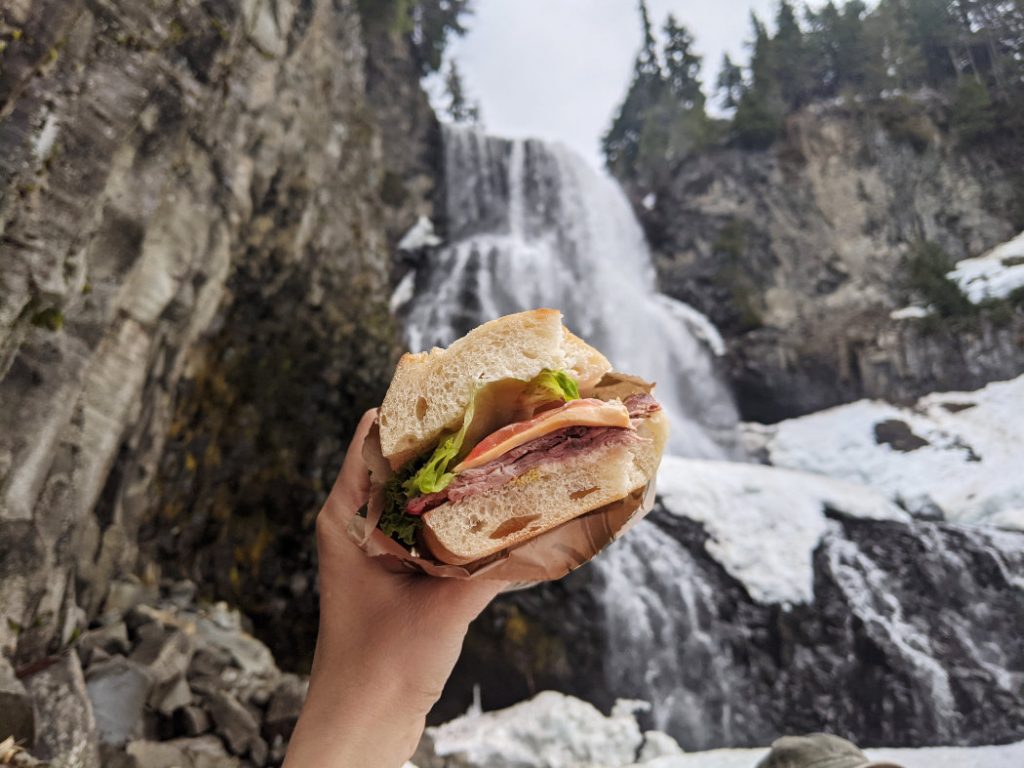 Lunch by the frozen Alexander Falls