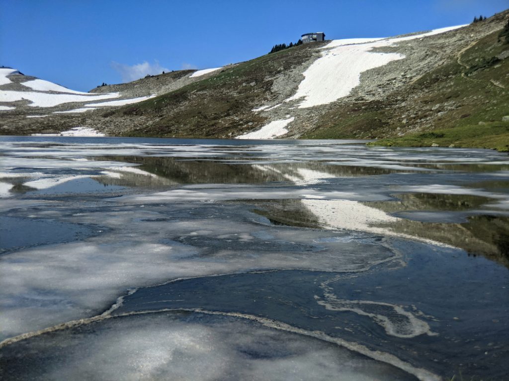 Ice on Russet Lake looking to the Kees and Claire Hut
