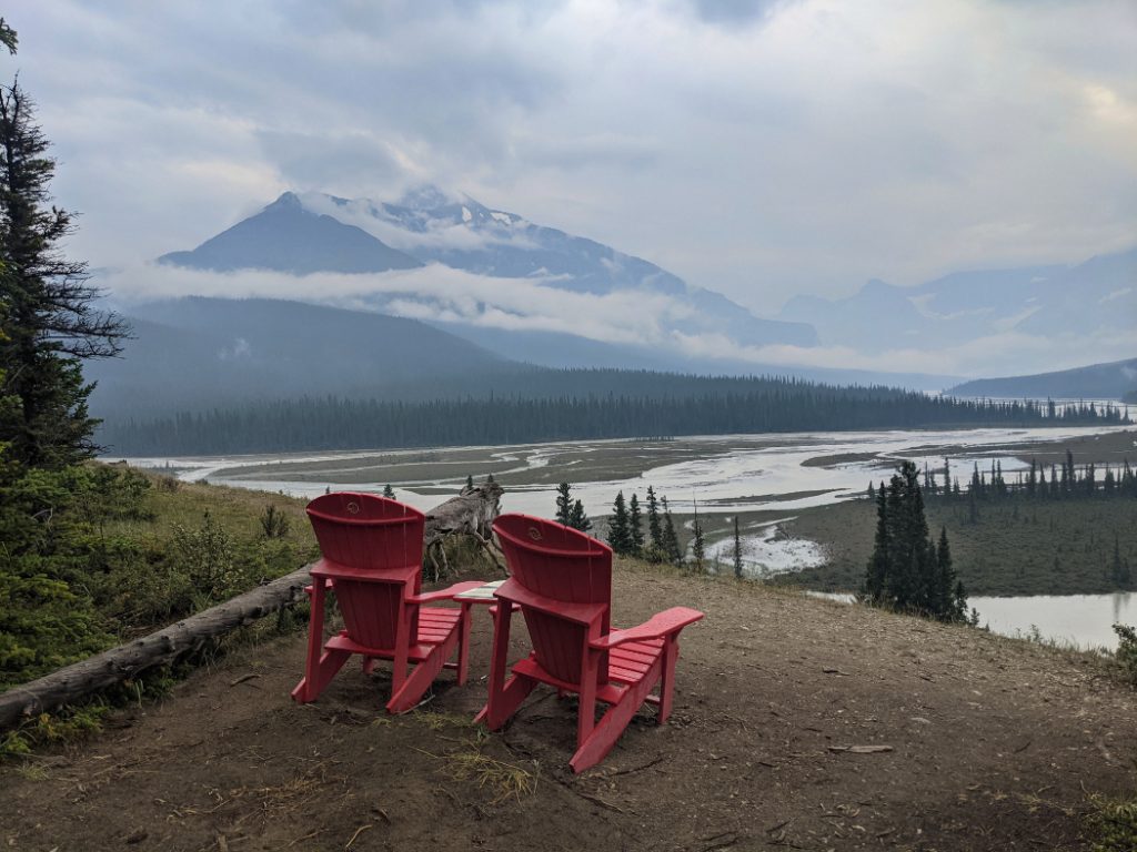 North Saskatchewan River viewpoint red chairs