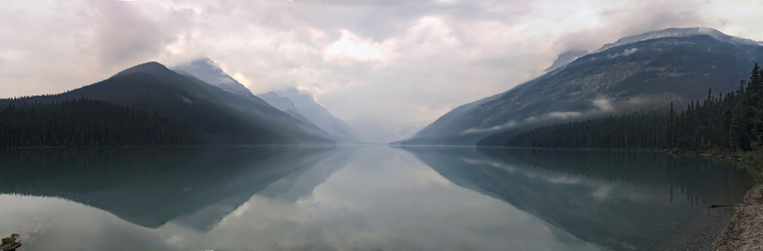 Panorama of Glacier Lake - Mount Outram (left), Division Mountain (far end of the lake in the middle), Survey Peak (right)