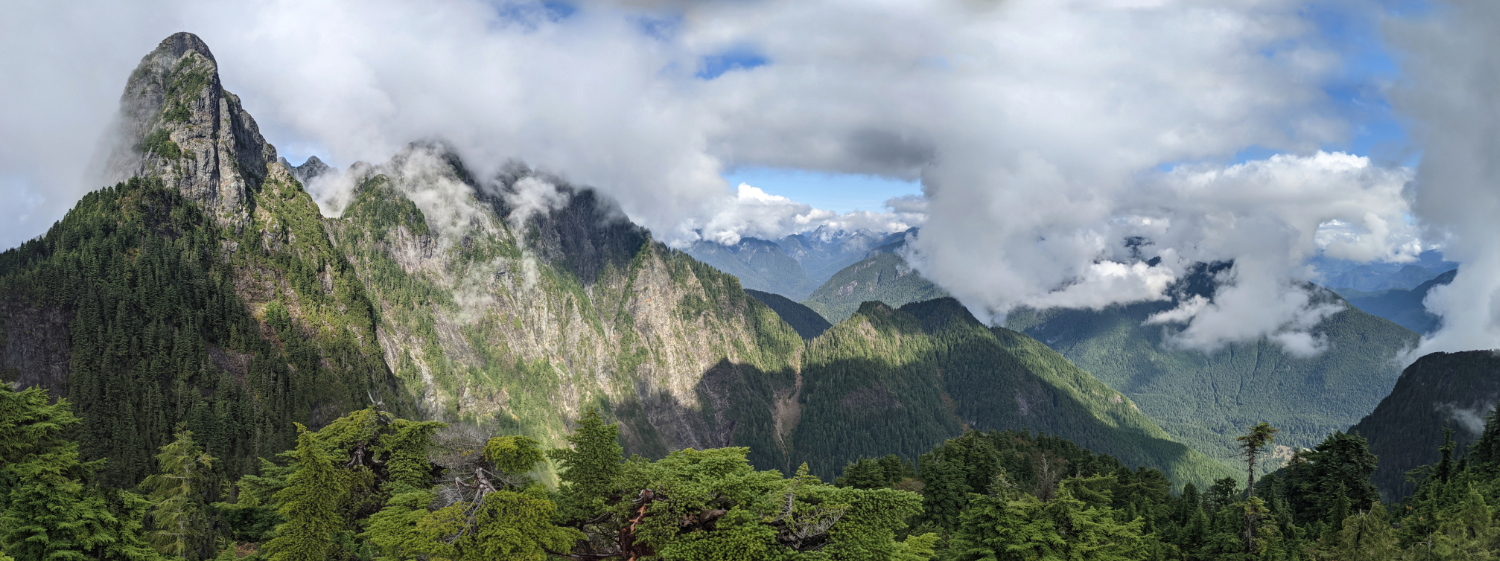 Spectacular view of Blanchard Peak and Edge Mountain with Golden Ears peeking through the middle. Evans Peak is to the right.