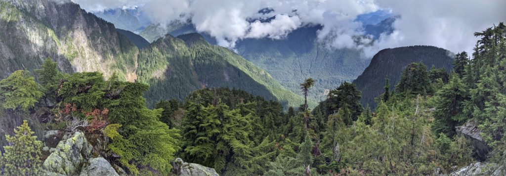 Panorama from Alouette Mountain looking down past Edge Peak into Golden Ears Provincial Park