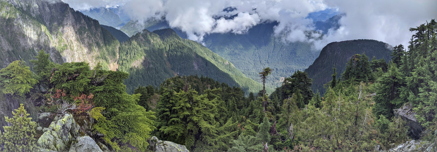 Panorama from Alouette Mountain looking down past Edge Peak into Golden Ears Provincial Park