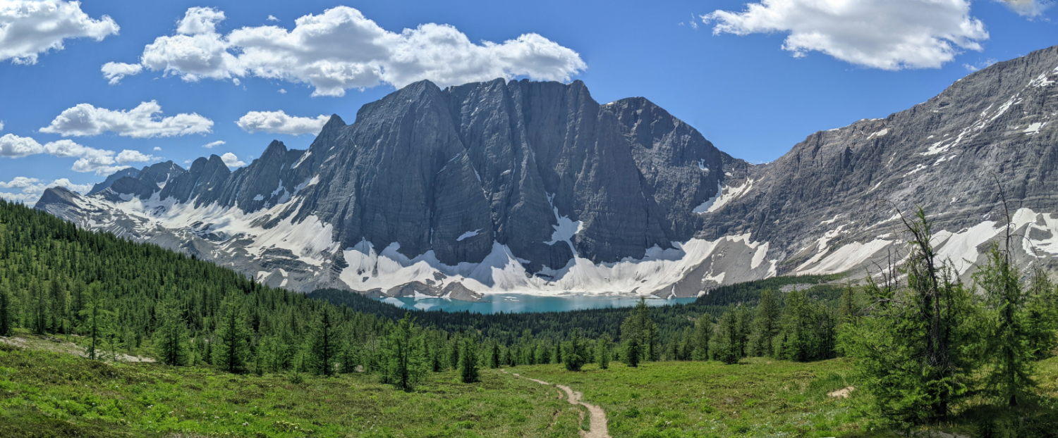 Floe Lake (and Floe Peak) from Numa Pass. You can see the trail heading down to the Campground