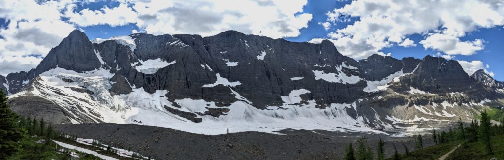 Tumbling Pass. Tumbling Peak (left), Mount Gray and Mount Drysdale and Wolverine Pass (far right)