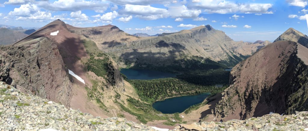 Lineham Lakes (below), Mount Hawkins (left) Mount Blackinson (middle), and Mount Lineham (right)