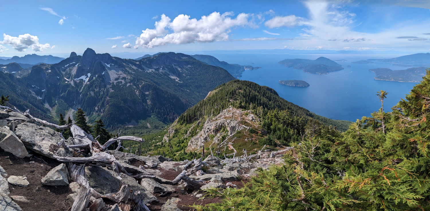 Looking down Mount Harvey Ridge - The Lions and Mount Unnecessary (left) and Howe Sound (right)